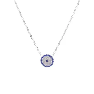 Titanium steel Evil Eye necklace with blue and white cubic zirconia pave on silver chain