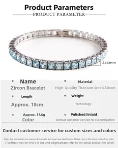 Close-up of 4x4mm square blue zircon tennis bracelet with polished silver finish