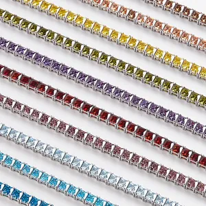 Classic tennis bracelet with colorful square-cut zircons and polished silver finish
