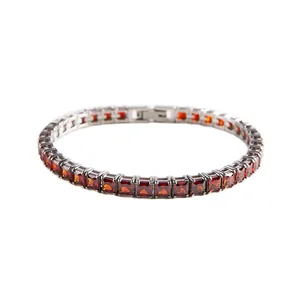 Elegant princess cut red zircon tennis bracelet with silver-plated square stone settings