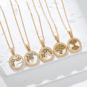 18K Gold Plated Titanium Steel Round Plate Pendant Necklace For Women Zirconia Hollow Carving Shell Inlay Jewelry