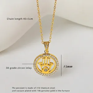 Hamsa Hand ketting van 18k verguld titaniumstaal met glanzende zirkoon cirkelhanger
