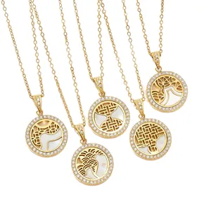 Luxurious 18K gold hollow pendant necklaces with diamonds and white mother of pearl