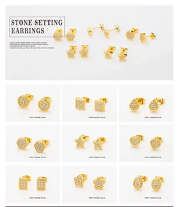 Detailed grid of geometric gold stud earrings with cubic zirconia in various shapes