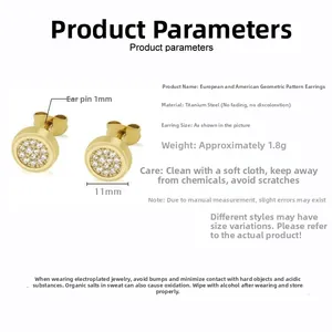 Macro view of 11mm gold titanium steel stud earrings with shimmering pave crystals