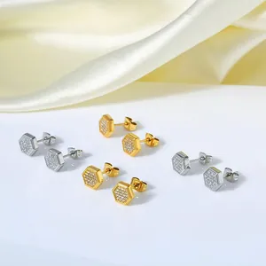 Minimalist hexagonal stud earrings with pavé zircon settings in gold and silver finish