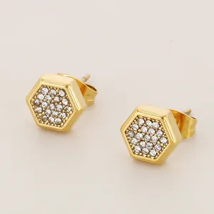 Minimalist hexagon stud earrings in gold finish with micro-set white cubic zirconia stones