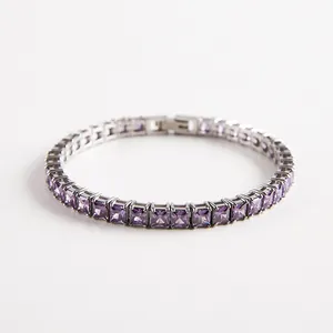 Elegant silver tennis bracelet featuring square-cut purple zircons in a classic row