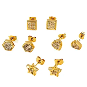 Set of four geometric gold titanium steel stud earrings with shimmering textured finish