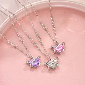 Women Luxury Heart Planet Zirconia Pendant Necklace Zinc Alloy Saturn Ring Clavicle Chain Jewelry For Valentine Gift