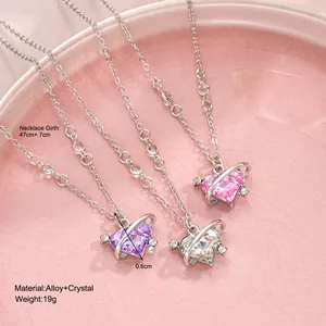 Three-piece heart planet pendant necklace set with purple pink and clear zircon crystals