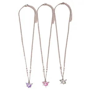 Three heart planet necklaces in purple, pink, and white crystal with silver chain