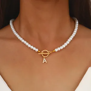 Rhinestone Initial Letter Faux Artificial Pearl Necklace For Women Gold Plated Alloy Toggle OT Buckle Niche Elegant Jewelry Gift