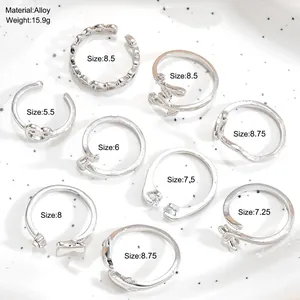 9-piece set of silver alloy toe rings featuring heart and leaf bohemian designs