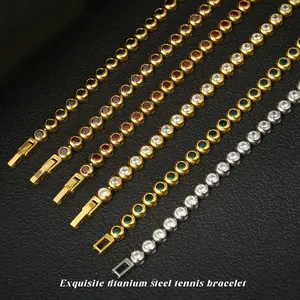Exquisite titanium steel tennis bracelet set with colorful round-cut zircon stones