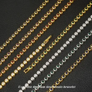 Exquisite titanium steel tennis bracelet with colorful round-cut cubic zirconia stones