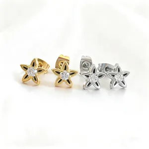 Detail of star-shaped titanium steel earrings with zircon inlay in gold and silver finish