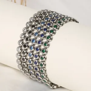 Macro shot of titanium steel bracelets with colorful bezel-set cubic zirconia stones