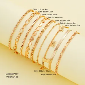 Détails d'un ensemble de 10 bracelets de cheville dorés exposés sur un support