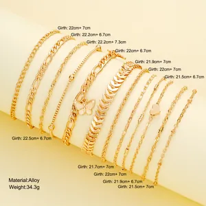 Détails du lot de 11 bracelets de cheville dorés avec pendentifs papillon et cœur