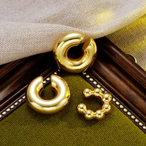 Chic 3-piece set of gold-plated C-shaped ear cuffs with smooth and beaded texture