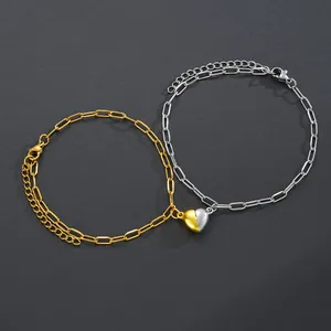 Detalle del colgante de corazón magnético en pulseras de eslabones de clip oro y plata