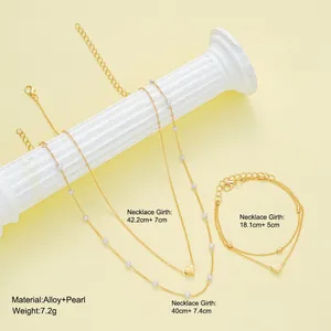 Ensemble élégant collier et bracelet en alliage doré avec perles et pendentifs cœur