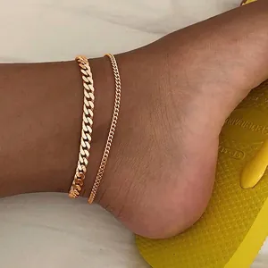 European American Minimalist Zinc Alloy Double Layered Anklet Set For Women Cuban Snake Chain Beach Summer Foot Jewelry