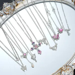 Vintage Alloy Rhinestone Butterfly Cross Heart Planet Necklace Collection For Women Sweet Fashion Y2K Jewelry Accessory