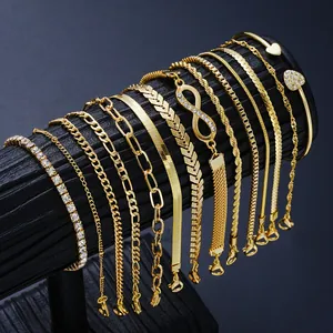 Macro view of 14-piece gold chain bracelet set with infinity symbols and rhinestone detail