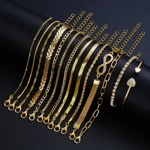 Detail showing 14-piece gold chain bracelet set with rhinestone infinity and heart motifs