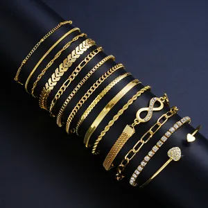Macro view of a 14-piece gold chain bracelet set with infinity symbols and rhinestones