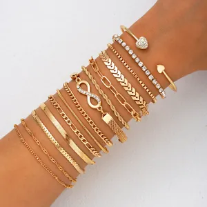 Vintage Gold Silver Plated Alloy Bracelet Set For Women Heart Infinity Rhinestone Chain Link Bangle Jewelry Accessories