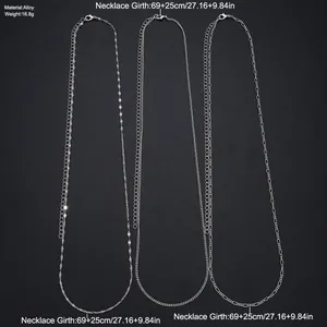 Set of 3 silver alloy chain necklaces featuring figaro and flat link styles on black background