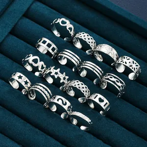 16-piece silver toe ring set featuring heart, star, and leaf patterns in a velvet tray