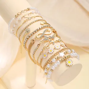 Women Gold Zinc Alloy Bracelet Collection Artificial Pearl Rhinestone Heart Butterfly Infinity Daisy Charm Fashion Jewelry