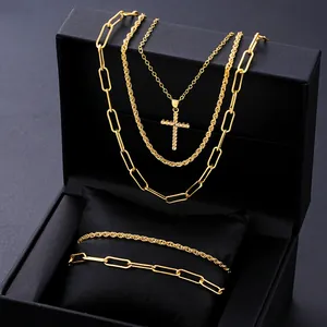 Conjunto de Joyería Para Mujer en Cobre y Aleación de Oro Collar en Capas Con Colgante de Cruz Zirconia Cadena de Clip y Pulsera