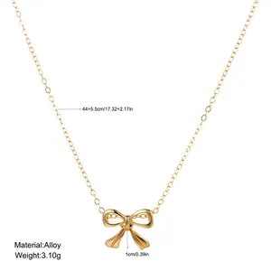 Golden alloy bow necklace for women, minimalist pendant with 44+5.5cm chain length