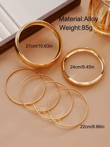 Detail view of a 6-piece golden alloy bracelet set with weights and size dimensions