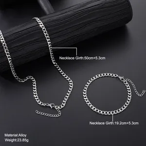 Men's hip hop silver Cuban link chain necklace and bracelet set with size details