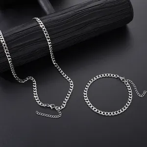 Polished silver stainless steel Cuban link chain necklace and bracelet set for men