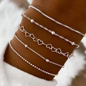 Bohemian Minimalist Zinc Alloy Chain Bracelet Set For Women Silver Gold Plated Multi Layer Rhinestone Heart Hand Jewelry