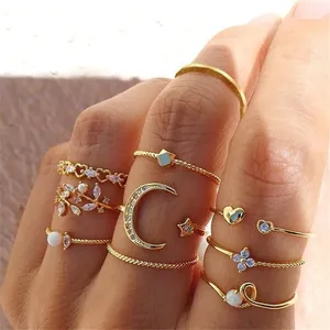 Bohemian gold ring set with star, moon, heart, and opal accents for women
