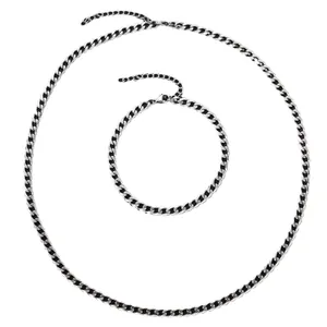 Men's hip hop silver Cuban link chain bracelet and necklace set with black inlays