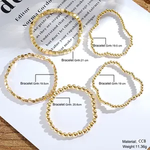 5-delige gouden CCB-kralenarmbandset met ronde en vierkante kralen in retrostijl
