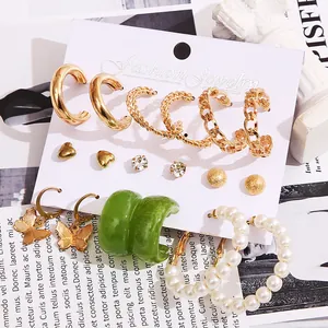 Detailed close-up of fashion jewelry set with acrylic, alloy, and pearl earrings on display