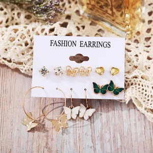 6-pair creative acrylic butterfly and heart stud earring set with gold finish and rhinestones
