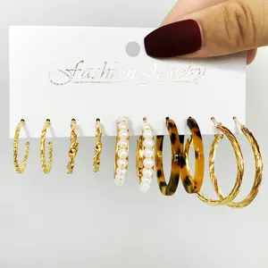 5-pair creative acrylic and alloy hoop earring set with pearls and tortoiseshell textures