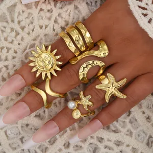Boho Legierung Vergoldete Seestern Sonne Gesicht Künstliche Perle Ringe Für Damen Vintage Mode Strand Urlaub Schmuck Kollektion