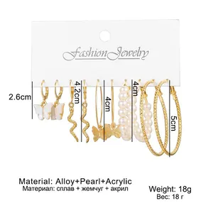 5-pair gold earring set with acrylic butterflies, pearls, and snake charms